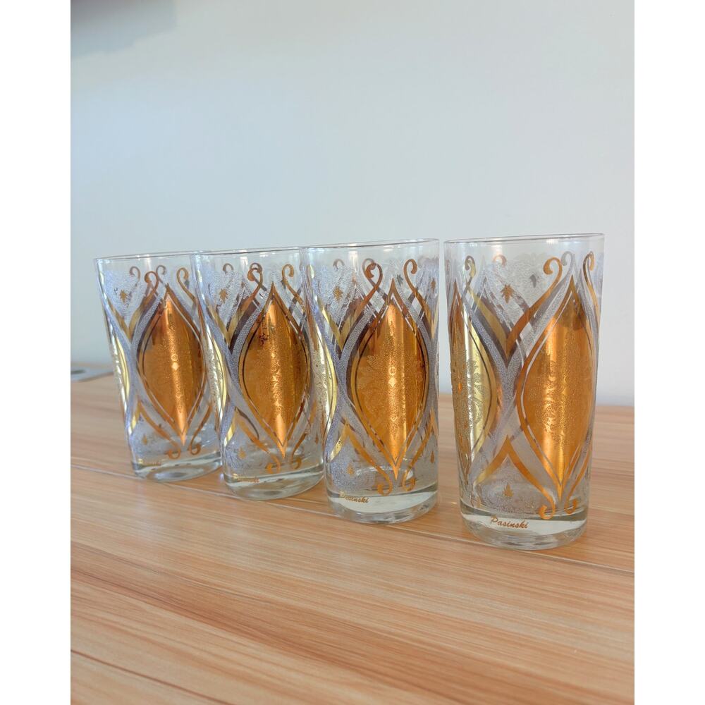 Vintage Gold Embellished Mid-Century Glass Tumblers Set of 4 Pasinski